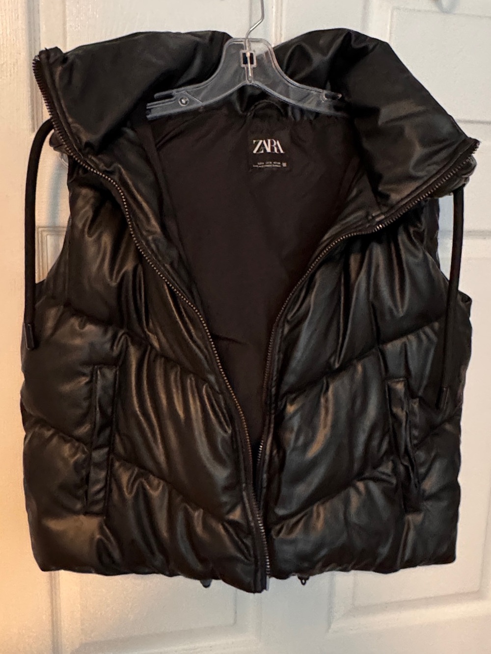 ZARA Black leather effect Quilted Puffer Vest with High Collar